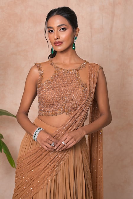 Vridhi Somaani_Brown Crepe, Net Sequins, Embroidery Bella Pre-draped Lehenga Saree With Blouse _at_Aza_Fashions