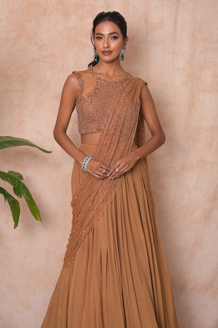 Buy_Vridhi Somaani_Brown Crepe, Net Sequins, Embroidery Bella Pre-draped Lehenga Saree With Blouse 