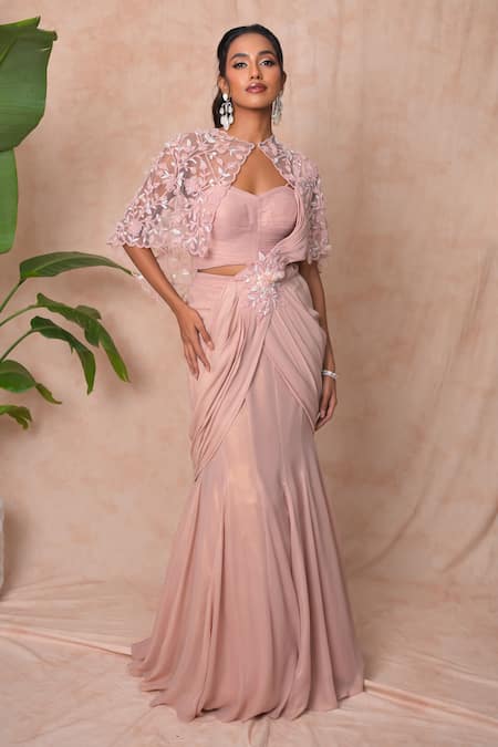 Vridhi Somaani Pink Georgette Embroidery, Sequins Sweetheart Sera Cape And Lehenga Saree Set 