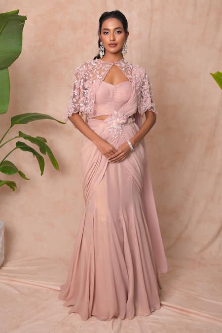 Vridhi Somaani_Pink Georgette Embroidery, Sequins Sweetheart Sera Cape And Lehenga Saree Set _Online_at_Aza_Fashions