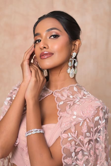 Buy_Vridhi Somaani_Pink Georgette Embroidery, Sequins Sweetheart Sera Cape And Lehenga Saree Set _Online_at_Aza_Fashions
