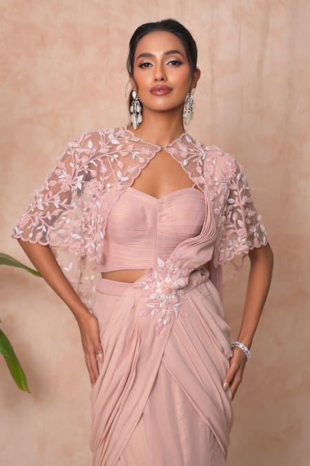 Shop_Vridhi Somaani_Pink Georgette Embroidery, Sequins Sweetheart Sera Cape And Lehenga Saree Set _Online_at_Aza_Fashions
