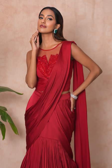 Vridhi Somaani_Red Satin, Georgette, Net Embroidery Round Neck Zara Lehenga Saree With Blouse _Online_at_Aza_Fashions