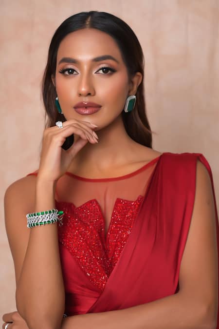 Buy_Vridhi Somaani_Red Satin, Georgette, Net Embroidery Round Neck Zara Lehenga Saree With Blouse _Online_at_Aza_Fashions