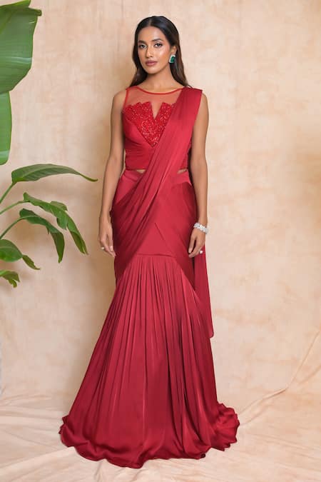 Vridhi Somaani_Red Satin, Georgette, Net Embroidery Round Neck Zara Lehenga Saree With Blouse _at_Aza_Fashions