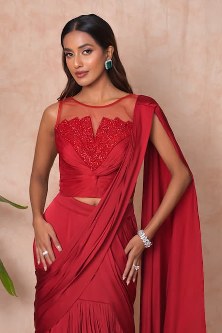 Buy_Vridhi Somaani_Red Satin, Georgette, Net Embroidery Round Neck Zara Lehenga Saree With Blouse 