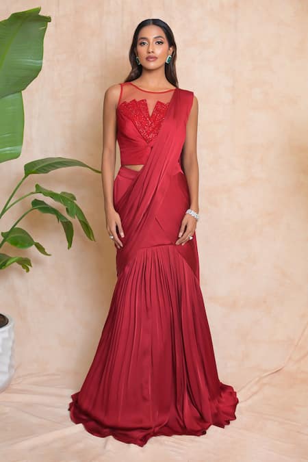 Shop_Vridhi Somaani_Red Satin, Georgette, Net Embroidery Round Neck Zara Lehenga Saree With Blouse 