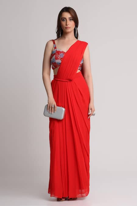 Koswi Pre-Draped Saree With Astract Pattern Blouse 