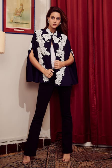 Nika 1.0 Navy High Neck Nora Applique Cape 