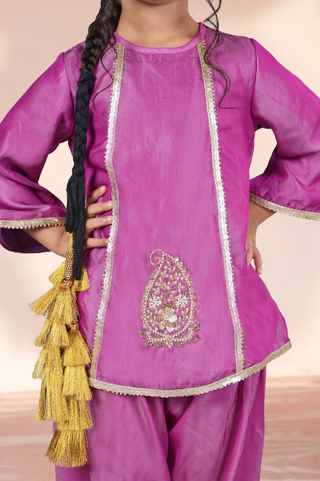 Petite Pomme Mauve Embroidery, Sequins Butti Work Kurta Tulip Pant Set Online at Aza Fashions Petite Pomme_Mauve Embroidery, Sequins Butti Work Kurta Tulip Pant Set _Online_at_Aza_Fashions