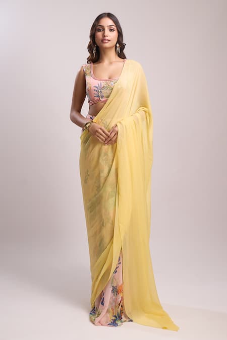 Aza X Shilpa Shetty Kundra Pink Chiffon, Modal, Satin Embroidery Botanic Print Pre-draped Saree With Blouse 