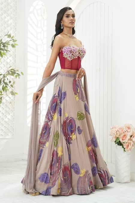 Buy_Priti Sahni_Mauve Georgette, Net Embroidery, Sequins, Beads, Floral Hand Painted Lehenga Set _Online_at_Aza_Fashions