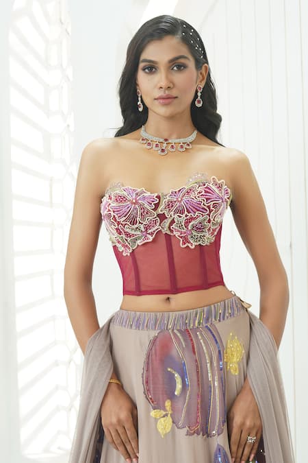 Shop_Priti Sahni_Mauve Georgette, Net Embroidery, Sequins, Beads, Floral Hand Painted Lehenga Set _Online_at_Aza_Fashions