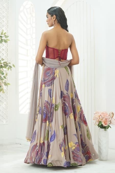 Priti Sahni Floral Hand Painted Lehenga Set 