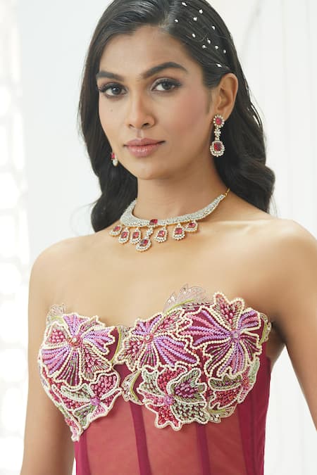 Priti Sahni_Mauve Georgette, Net Embroidery, Sequins, Beads, Floral Hand Painted Lehenga Set _at_Aza_Fashions