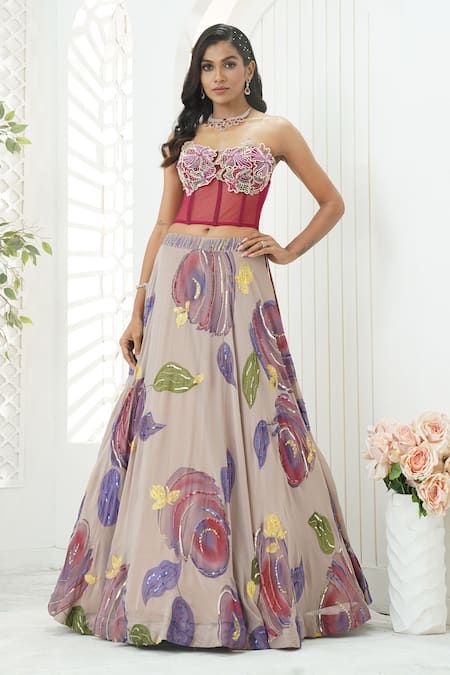 Buy_Priti Sahni_Mauve Georgette, Net Embroidery, Sequins, Beads, Floral Hand Painted Lehenga Set 