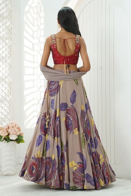 Priti Sahni Floral Hand Painted Lehenga Set 