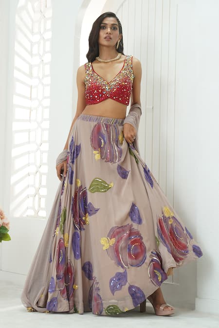 Buy_Priti Sahni_Mauve Georgette, Net Embroidery, Sequins, Beads, Floral Hand Painted Lehenga Set _Online_at_Aza_Fashions