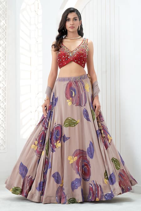 Shop_Priti Sahni_Mauve Georgette, Net Embroidery, Sequins, Beads, Floral Hand Painted Lehenga Set _Online_at_Aza_Fashions
