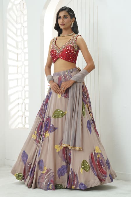 Buy_Priti Sahni_Mauve Georgette, Net Embroidery, Sequins, Beads, Floral Hand Painted Lehenga Set 
