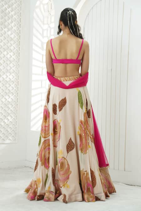 Priti Sahni Flower Hand Painted Lehenga Set 