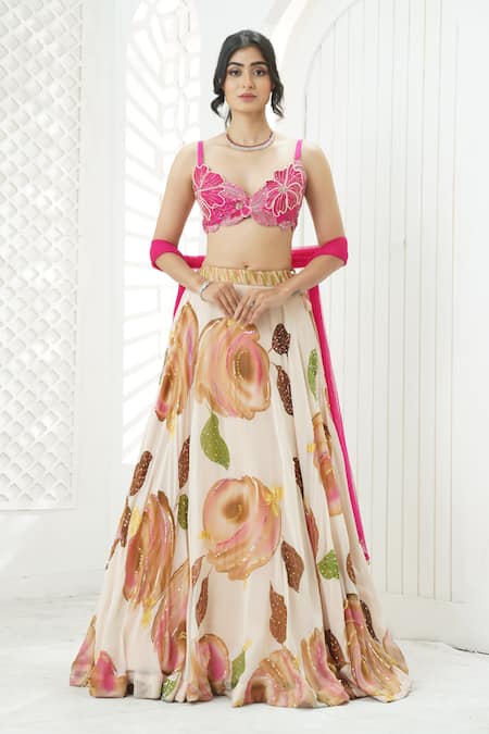 Priti Sahni Peach Georgette, Net Embroidery, Sequins, Beads, Flower Hand Painted Lehenga Set 