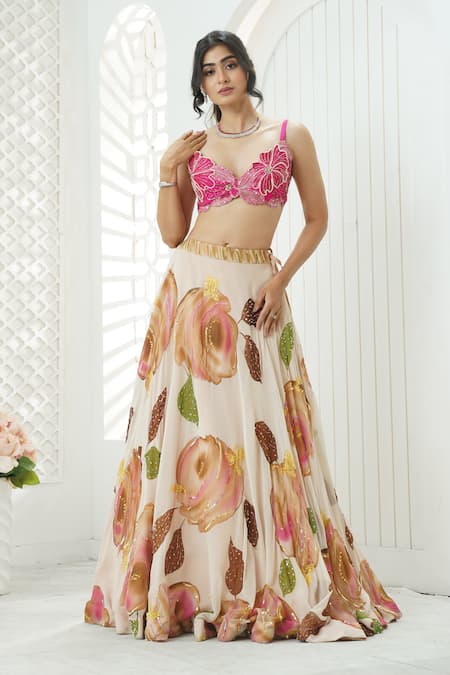 Priti Sahni_Peach Georgette, Net Embroidery, Sequins, Beads, Flower Hand Painted Lehenga Set _at_Aza_Fashions