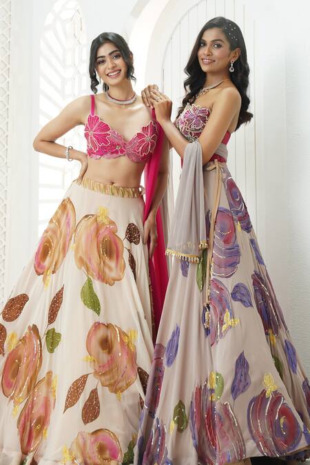 Buy_Priti Sahni_Peach Georgette, Net Embroidery, Sequins, Beads, Flower Hand Painted Lehenga Set 