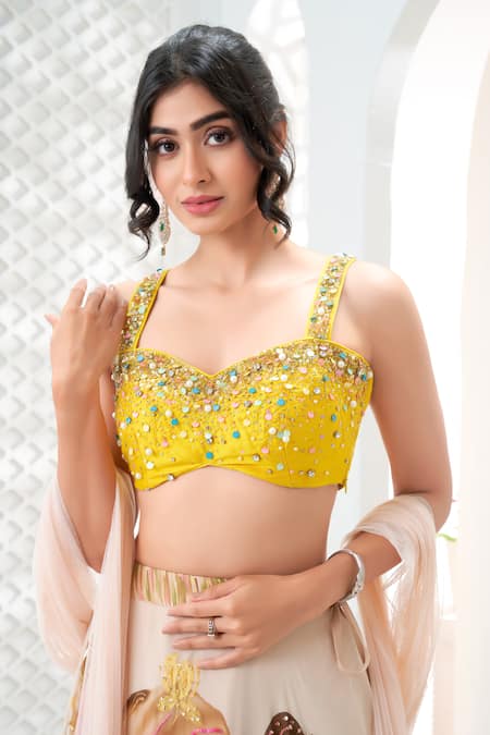 Buy_Priti Sahni_Cream Georgette, Net Embroidery, Pearls, Stones, Garden Hand Painted Lehenga Set _Online_at_Aza_Fashions