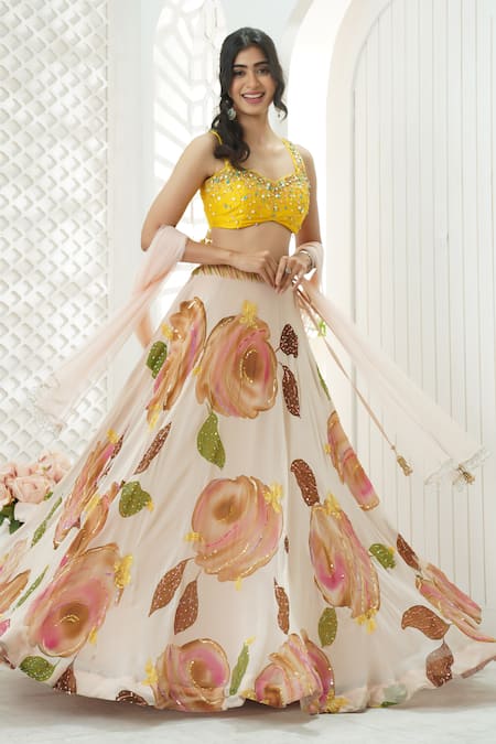 Shop_Priti Sahni_Cream Georgette, Net Embroidery, Pearls, Stones, Garden Hand Painted Lehenga Set _Online_at_Aza_Fashions