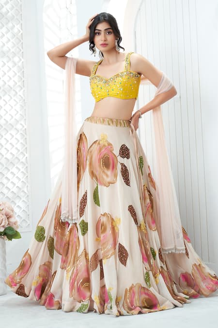 Buy_Priti Sahni_Cream Georgette, Net Embroidery, Pearls, Stones, Garden Hand Painted Lehenga Set 