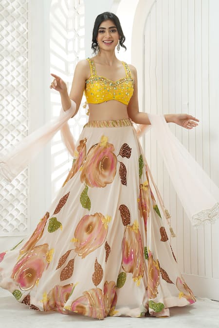 Shop_Priti Sahni_Cream Georgette, Net Embroidery, Pearls, Stones, Garden Hand Painted Lehenga Set 
