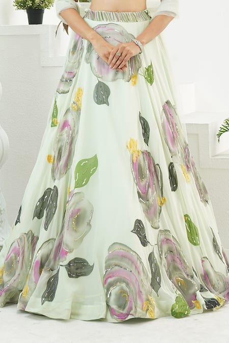 Buy_Priti Sahni_Mint Georgette, Net, Organza Embroidery, Floret Hand Painted Lehenga Set _Online_at_Aza_Fashions