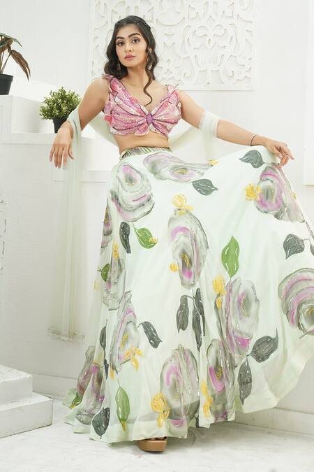 Shop_Priti Sahni_Mint Georgette, Net, Organza Embroidery, Floret Hand Painted Lehenga Set _Online_at_Aza_Fashions
