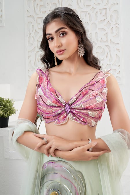 Priti Sahni_Mint Georgette, Net, Organza Embroidery, Floret Hand Painted Lehenga Set _at_Aza_Fashions