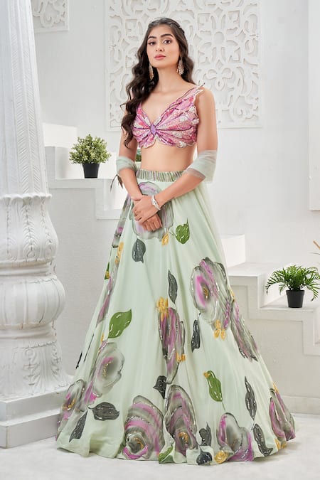 Buy_Priti Sahni_Mint Georgette, Net, Organza Embroidery, Floret Hand Painted Lehenga Set 
