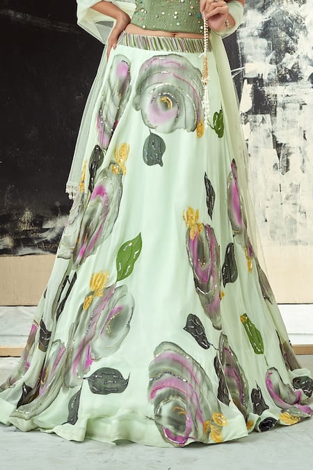 Buy_Priti Sahni_Mint Georgette, Net Embroidery, Sequins, Beads, Bloom Hand Painted Lehenga Set _Online_at_Aza_Fashions