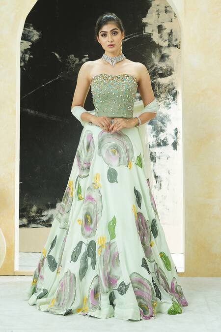 Shop_Priti Sahni_Mint Georgette, Net Embroidery, Sequins, Beads, Bloom Hand Painted Lehenga Set _Online_at_Aza_Fashions
