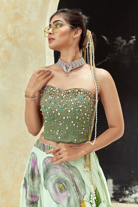 Priti Sahni_Mint Georgette, Net Embroidery, Sequins, Beads, Bloom Hand Painted Lehenga Set _at_Aza_Fashions
