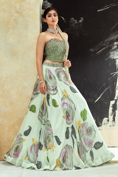 Buy_Priti Sahni_Mint Georgette, Net Embroidery, Sequins, Beads, Bloom Hand Painted Lehenga Set 