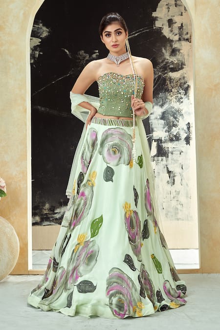 Shop_Priti Sahni_Mint Georgette, Net Embroidery, Sequins, Beads, Bloom Hand Painted Lehenga Set 