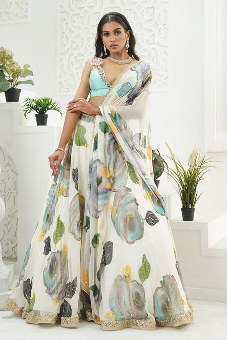 Buy_Priti Sahni_Ivory Georgette, Silk Sequins, Stones, Beads, Bloom Hand Painted Lehenga Set _Online_at_Aza_Fashions