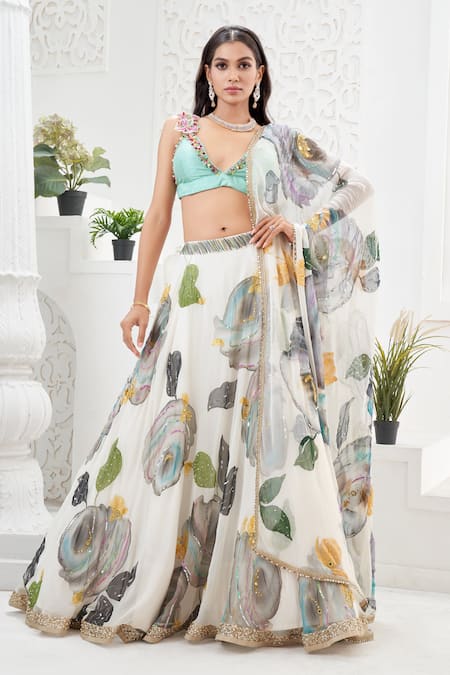 Shop_Priti Sahni_Ivory Georgette, Silk Sequins, Stones, Beads, Bloom Hand Painted Lehenga Set _Online_at_Aza_Fashions
