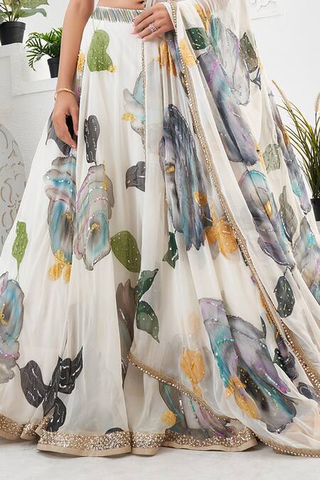 Priti Sahni_Ivory Georgette, Silk Sequins, Stones, Beads, Bloom Hand Painted Lehenga Set _at_Aza_Fashions
