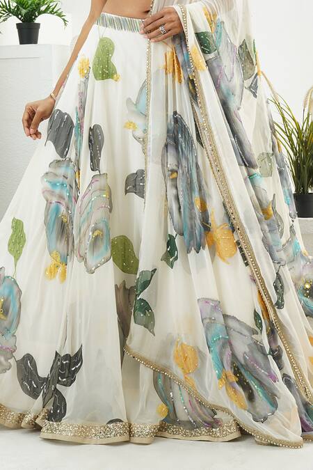 Buy_Priti Sahni_Ivory Georgette, Silk Sequins, Stones, Beads, Bloom Hand Painted Lehenga Set 