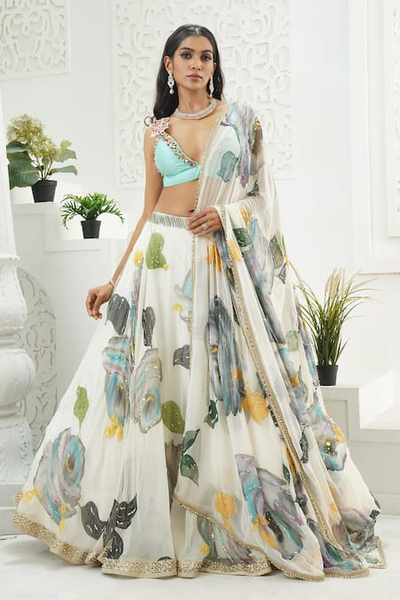 Priti Sahni Ivory Georgette, Silk Sequins, Stones, Beads, Bloom Hand Painted Lehenga Set 