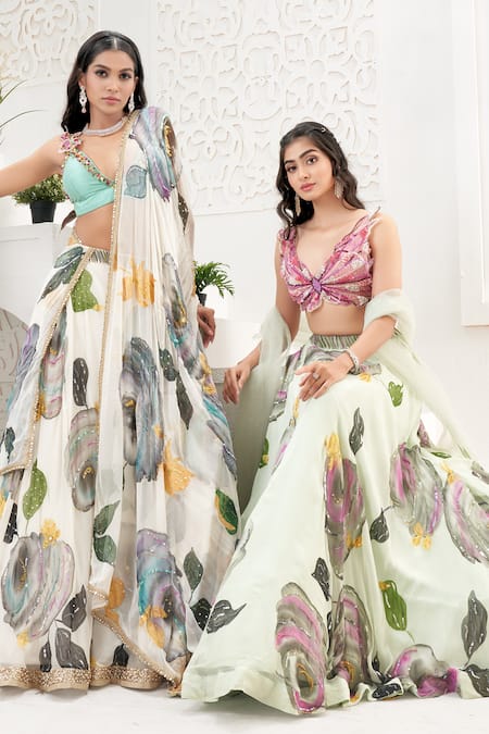 Shop_Priti Sahni_Ivory Georgette, Silk Sequins, Stones, Beads, Bloom Hand Painted Lehenga Set 