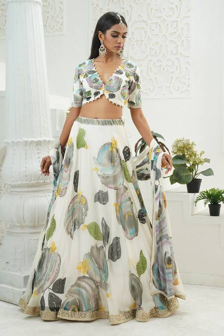 Shop_Priti Sahni_Ivory Georgette Sequins, Beads, Pearls, Flora Hand Painted Lehenga Set _Online_at_Aza_Fashions