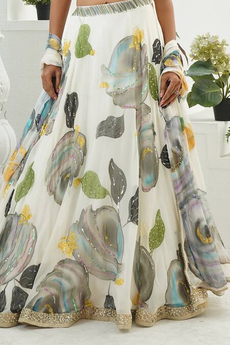 Priti Sahni_Ivory Georgette Sequins, Beads, Pearls, Flora Hand Painted Lehenga Set _at_Aza_Fashions