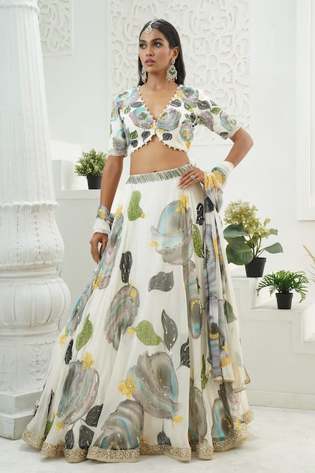 Priti Sahni Ivory Georgette Sequins, Beads, Pearls, Flora Hand Painted Lehenga Set 